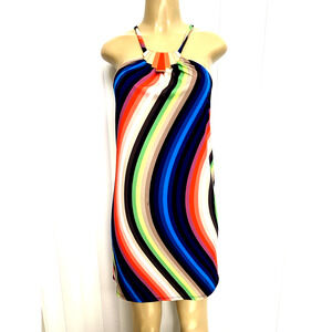 Trina Turk Tunic Dress Striped Multi Color Mini Sleeveless Tie Neck Line…